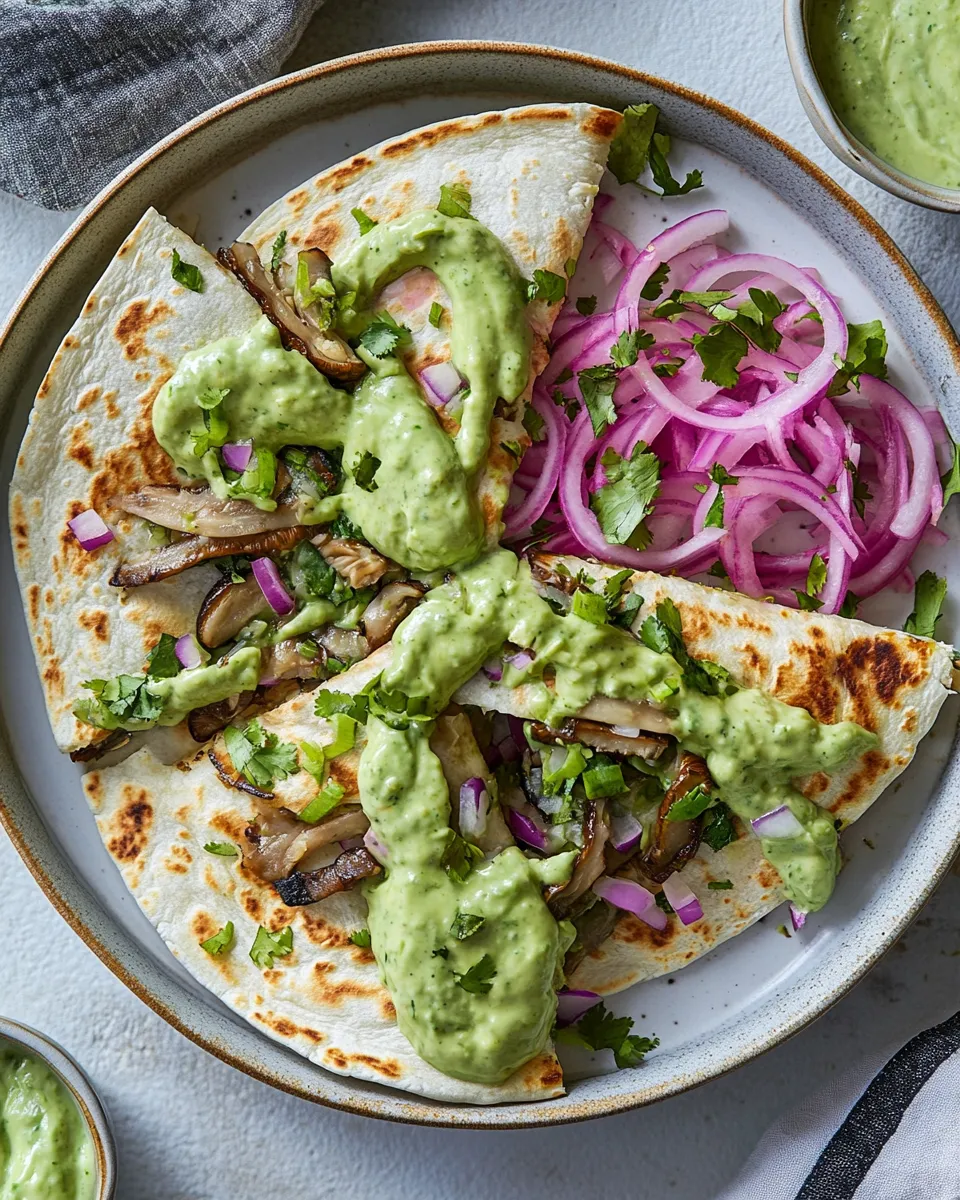 Classic Smoky Shiitake Quesadillas with Avocado Cream. shot