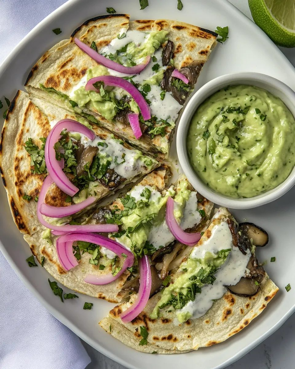 Tasty Smoky Shiitake Quesadillas with Avocado Cream. picture