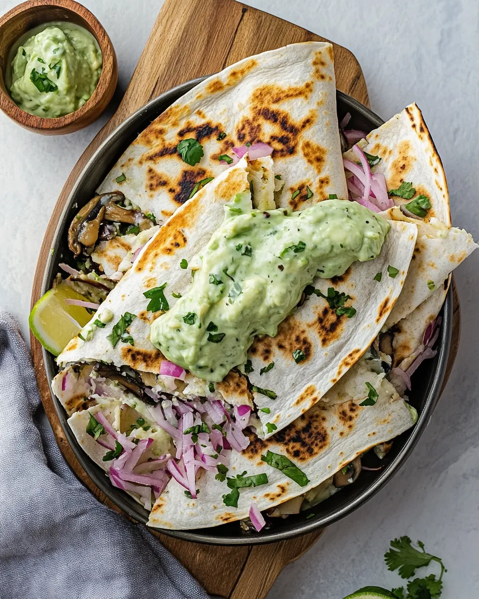 Fresh Smoky Shiitake Quesadillas with Avocado Cream. shot