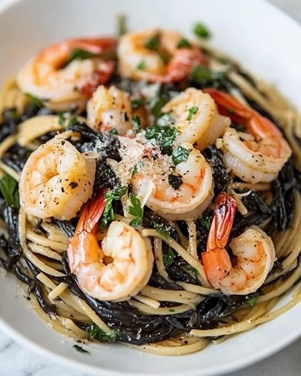 Homemade Spaghetti Nero with Garlic Shrimp photo