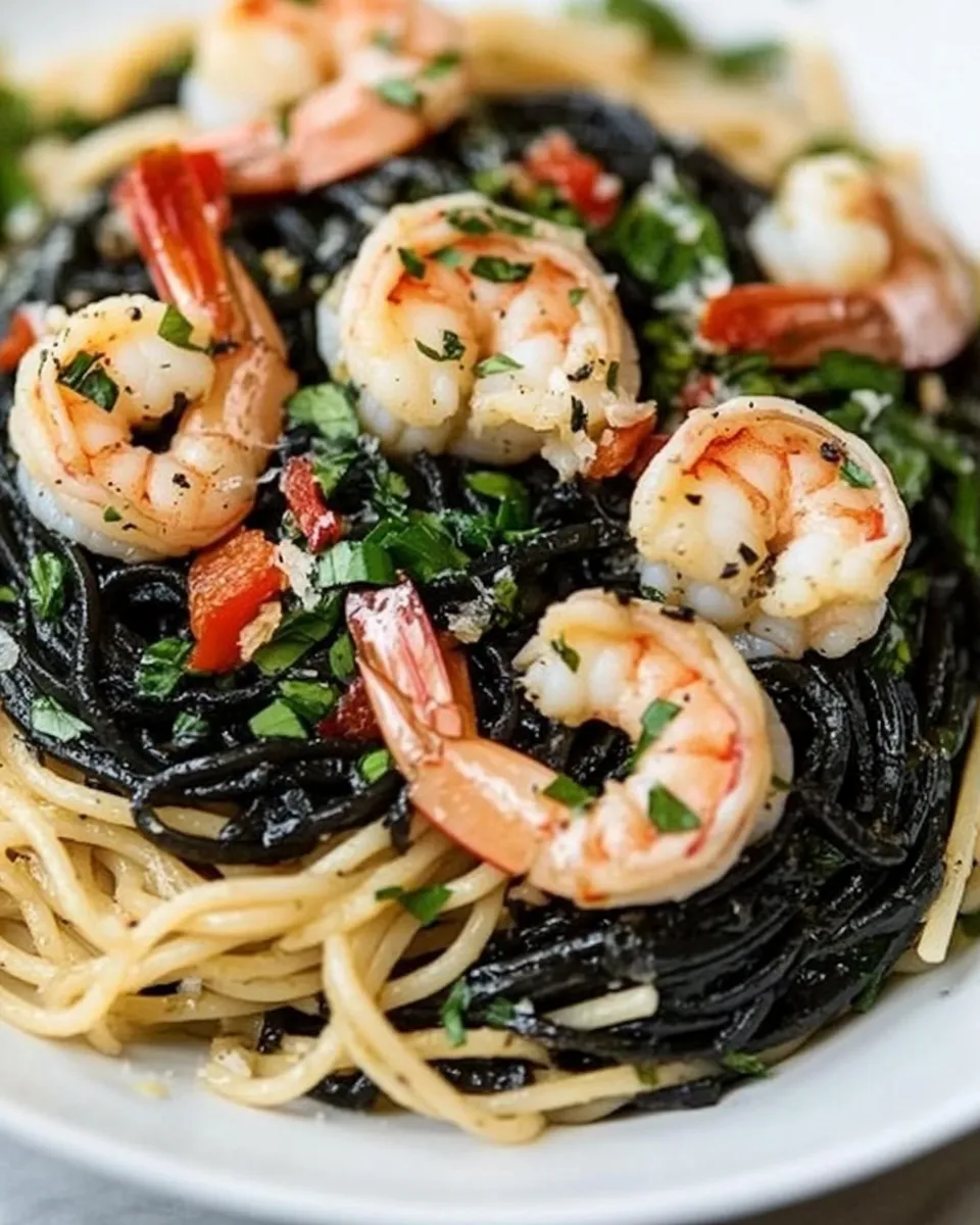 Tasty Spaghetti Nero with Garlic Shrimp dish photo