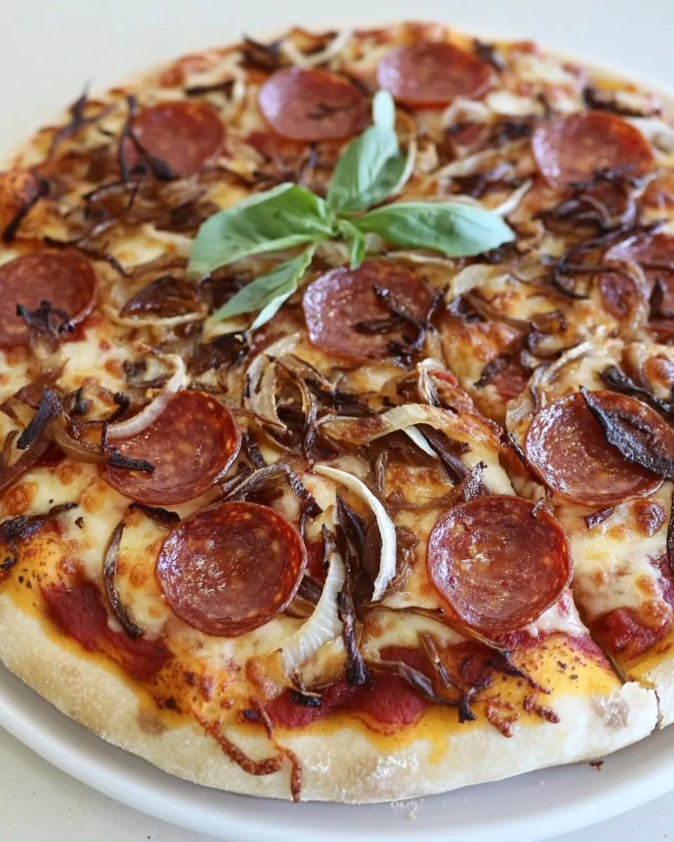 Homemade Spicy Pepperoni Pizza with Caramelized Onions photo