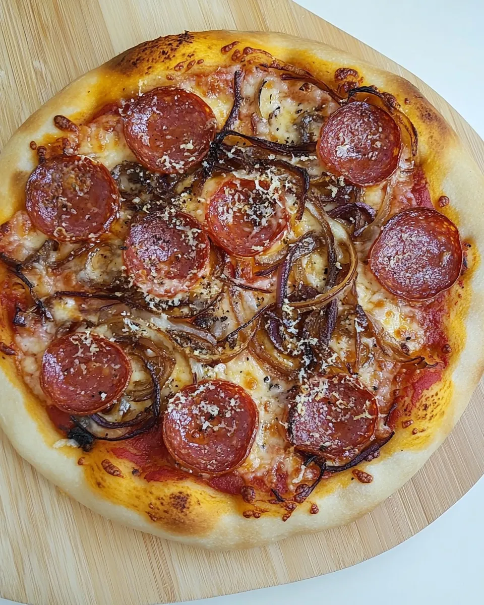 Delicious Spicy Pepperoni Pizza with Caramelized Onions image