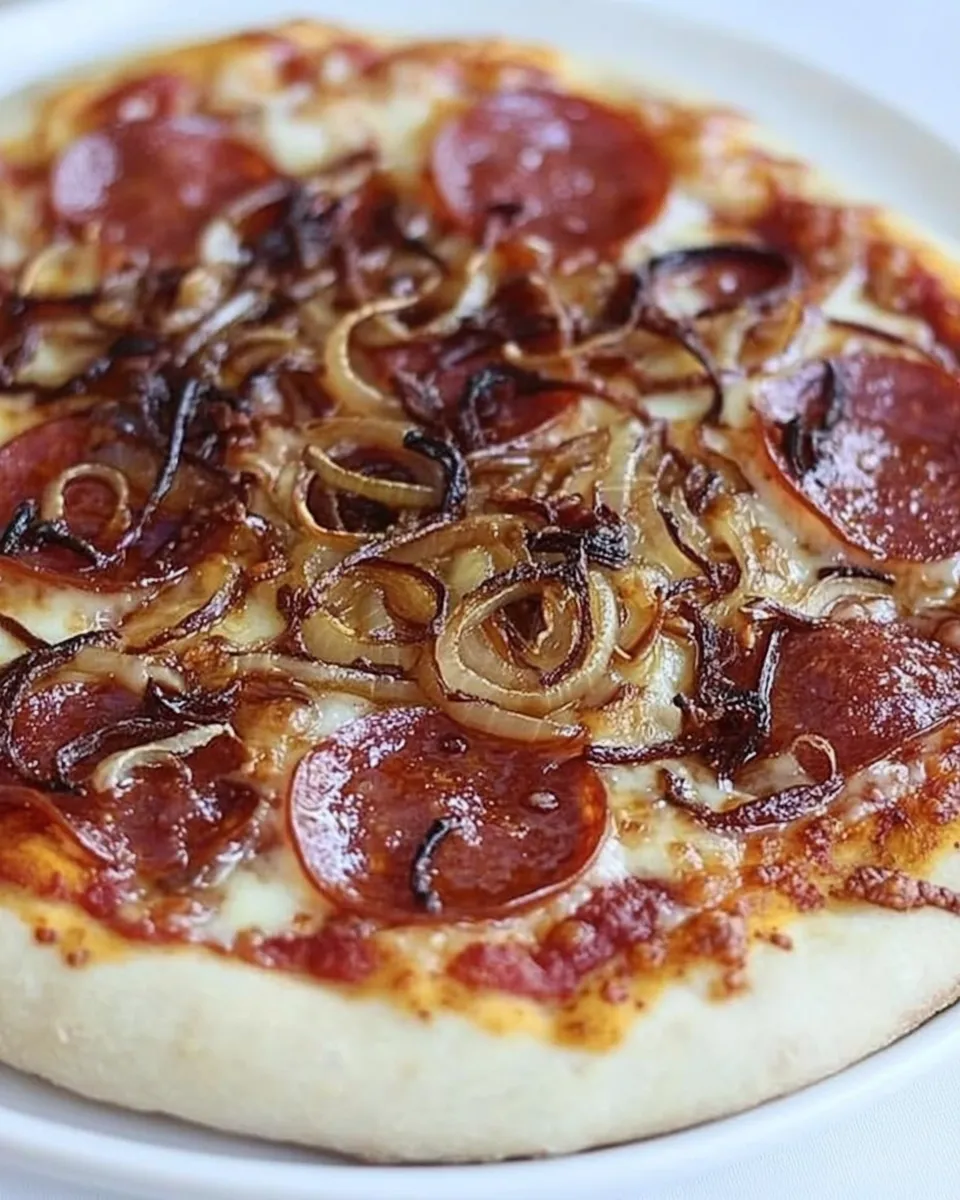 Savory Spicy Pepperoni Pizza with Caramelized Onions shot