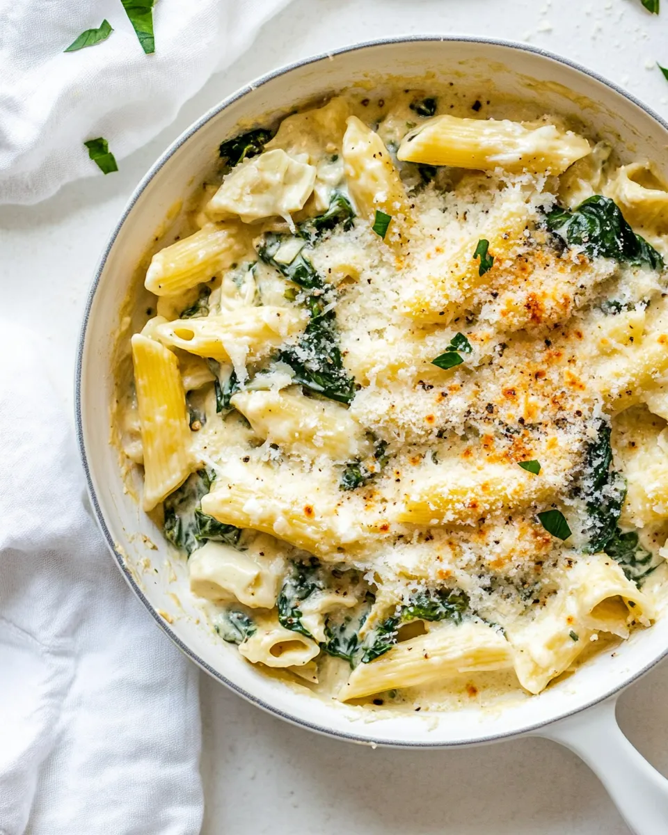 Amazing Spinach Artichoke Pasta Skillet. food shot