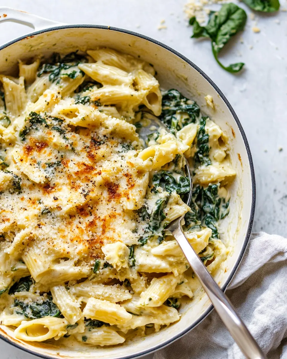 Healthy Spinach Artichoke Pasta Skillet. shot