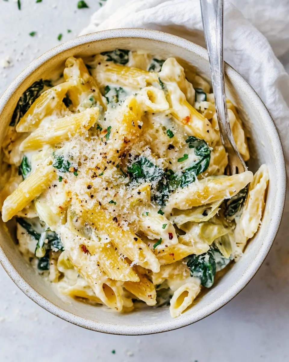 Easy Spinach Artichoke Pasta Skillet. recipe image