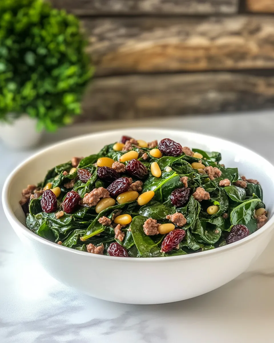 Delicious Spinach with Olives Raisins and Pine Nuts shot