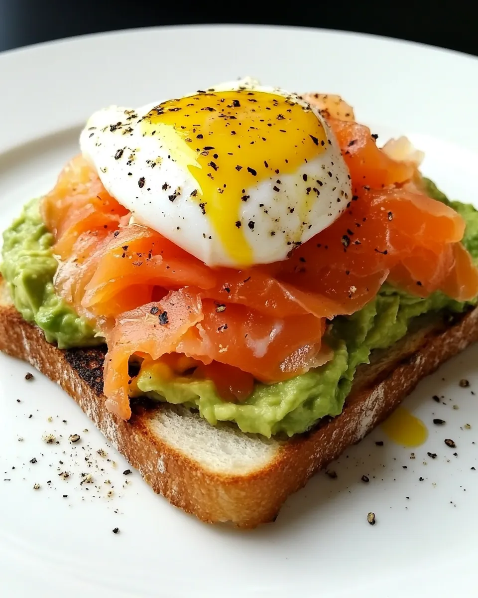 Homemade Toast with Avocado Spread, Smoked Salmon and a Poached Egg photo