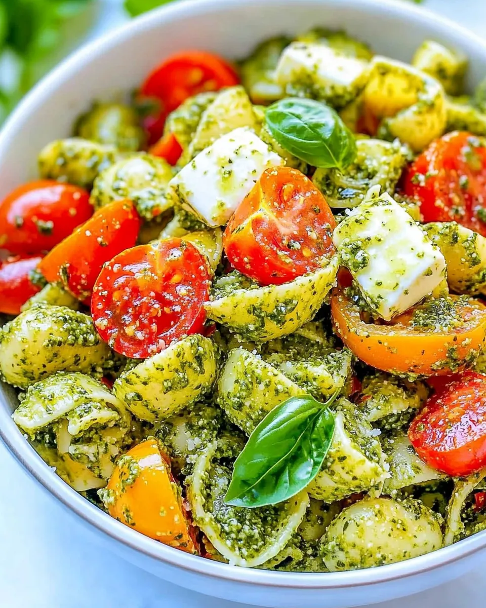 Easy Tomato and Mozzarella Pesto Pasta Salad shot