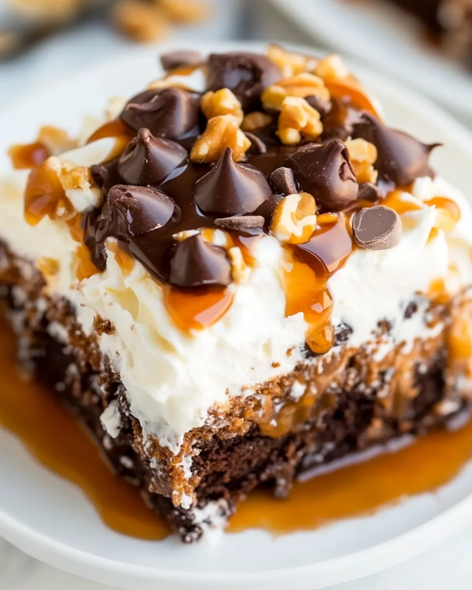 Delicious Turtle Chocolate Poke Cake shot