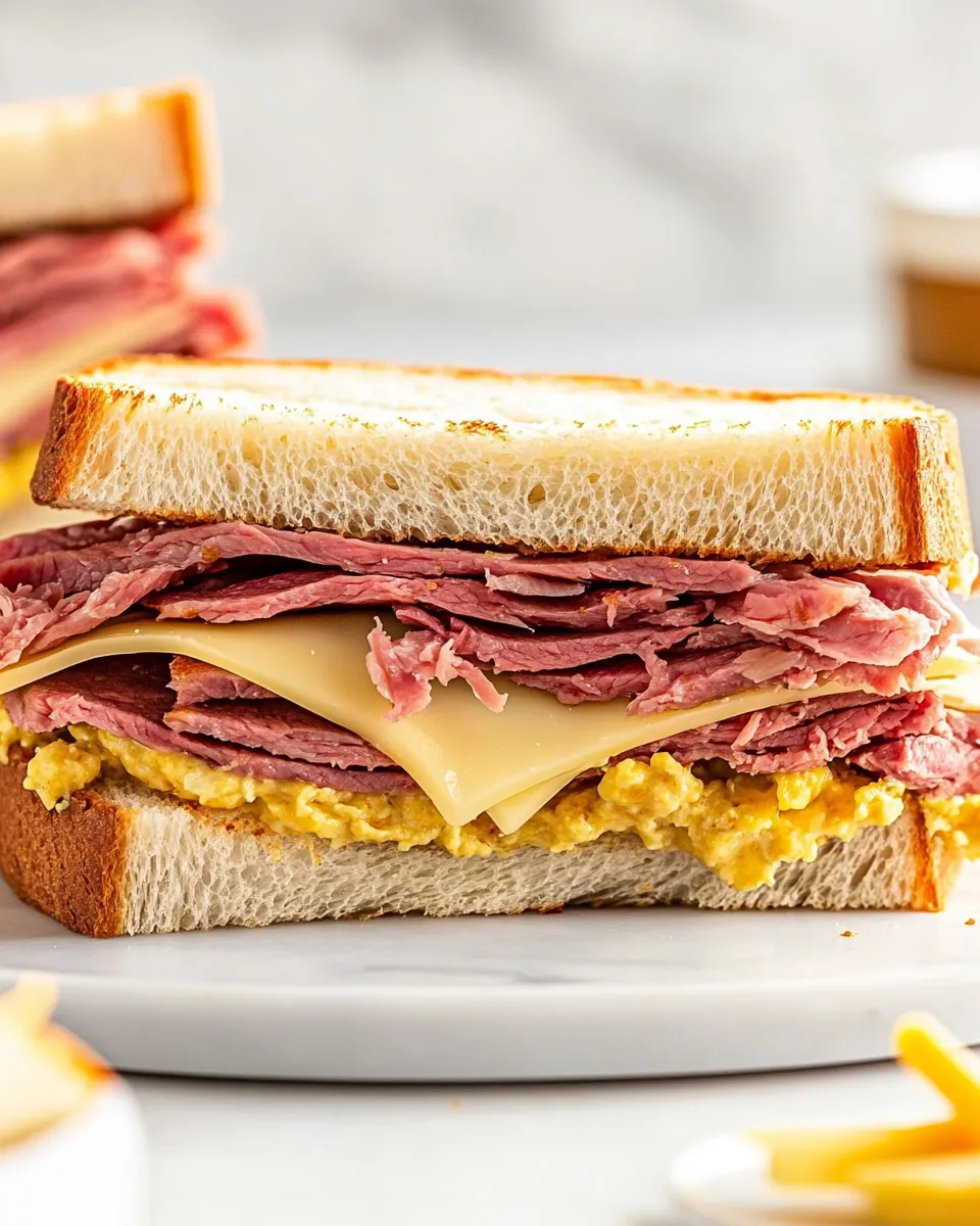Delicious Ultimate Corned Beef Breakfast Sandwich Recipe with Swiss Cheese dish photo