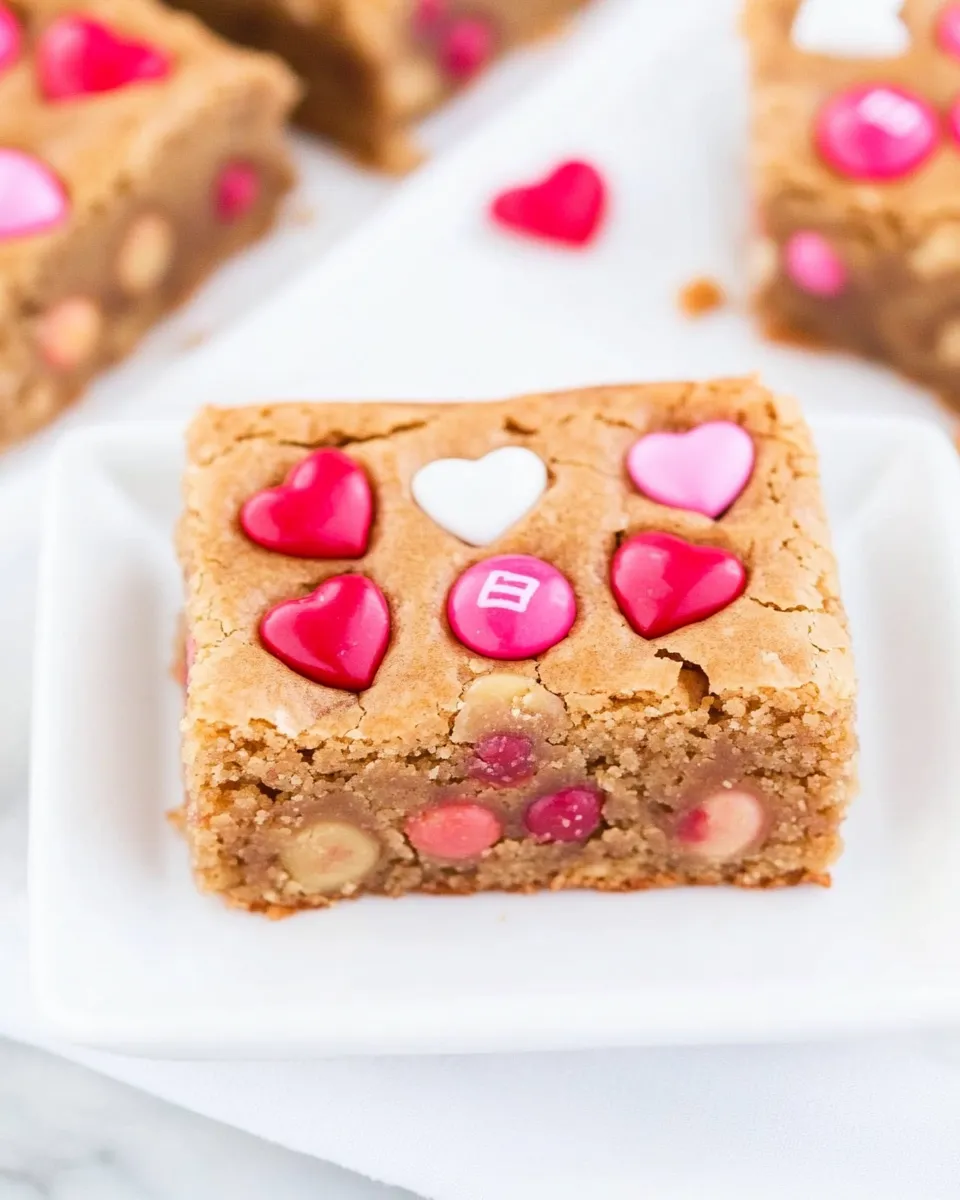 Delicious Valentine Peanut Butter M&M Blondies shot