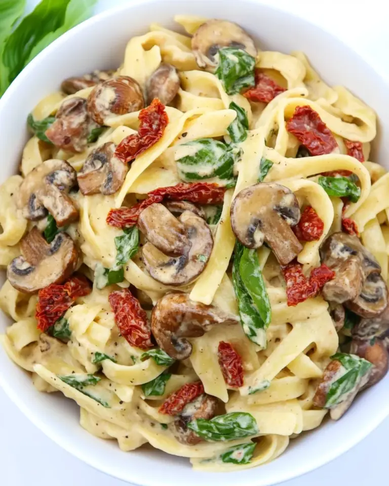 Homemade Vegan Creamy Mushroom Pasta with Sun-Dried Tomato photo