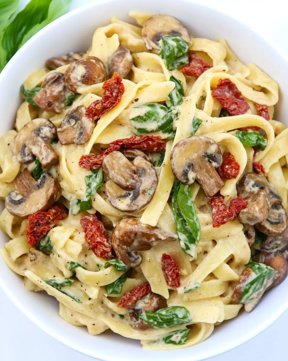 Homemade Vegan Creamy Mushroom Pasta with Sun-Dried Tomato photo