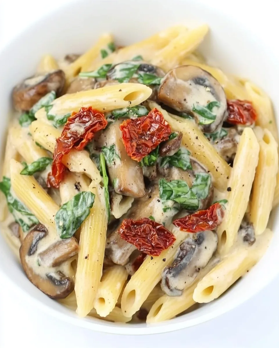 Delicious Vegan Creamy Mushroom Pasta with Sun-Dried Tomato shot