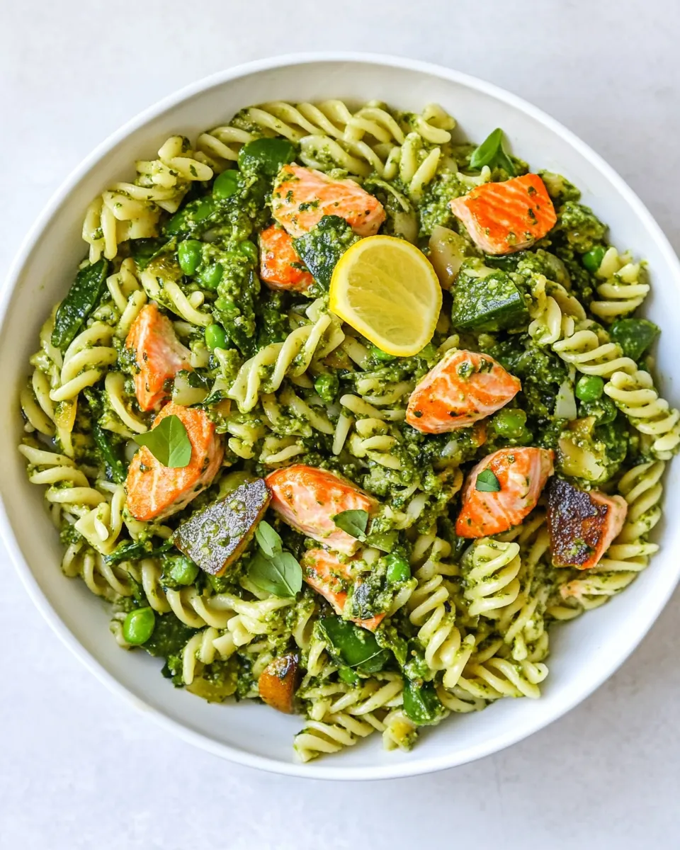 Healthy Veggie-Packed Salmon Pesto Pasta recipe photo