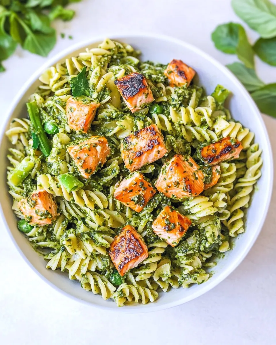 Quick Veggie-Packed Salmon Pesto Pasta shot