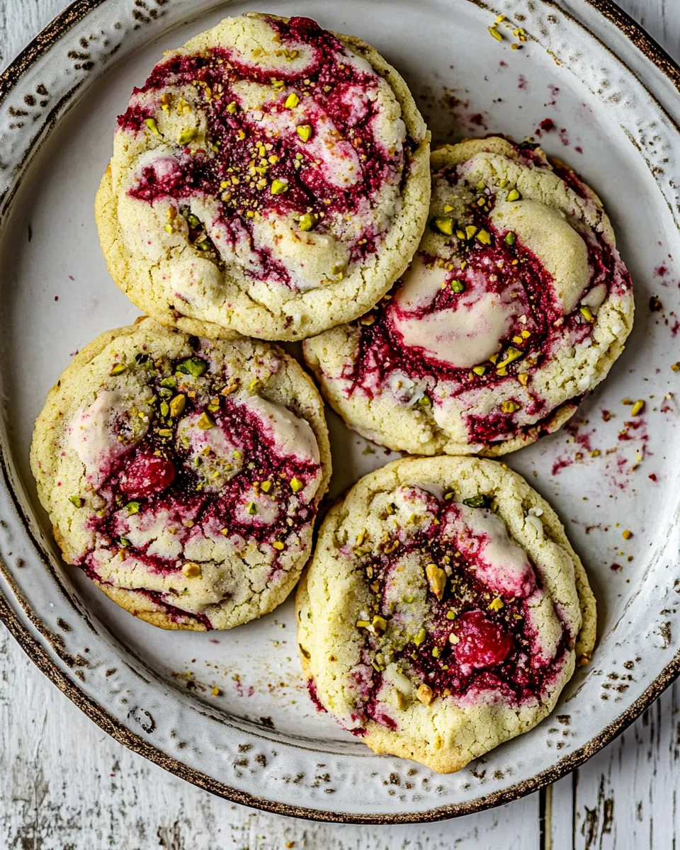 Sweet White Chocolate Raspberry Swirled Pistachio Cookies. photo
