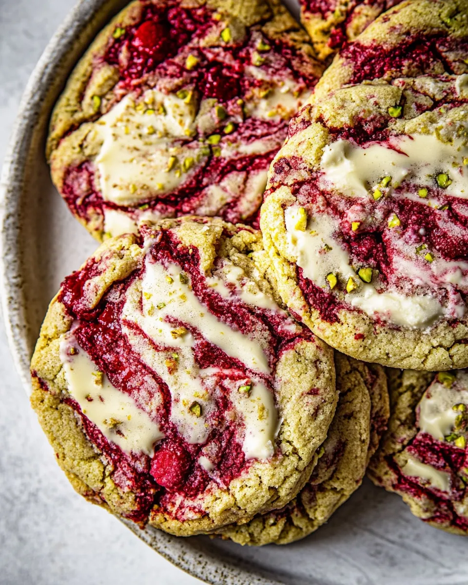 Tasty White Chocolate Raspberry Swirled Pistachio Cookies. photo