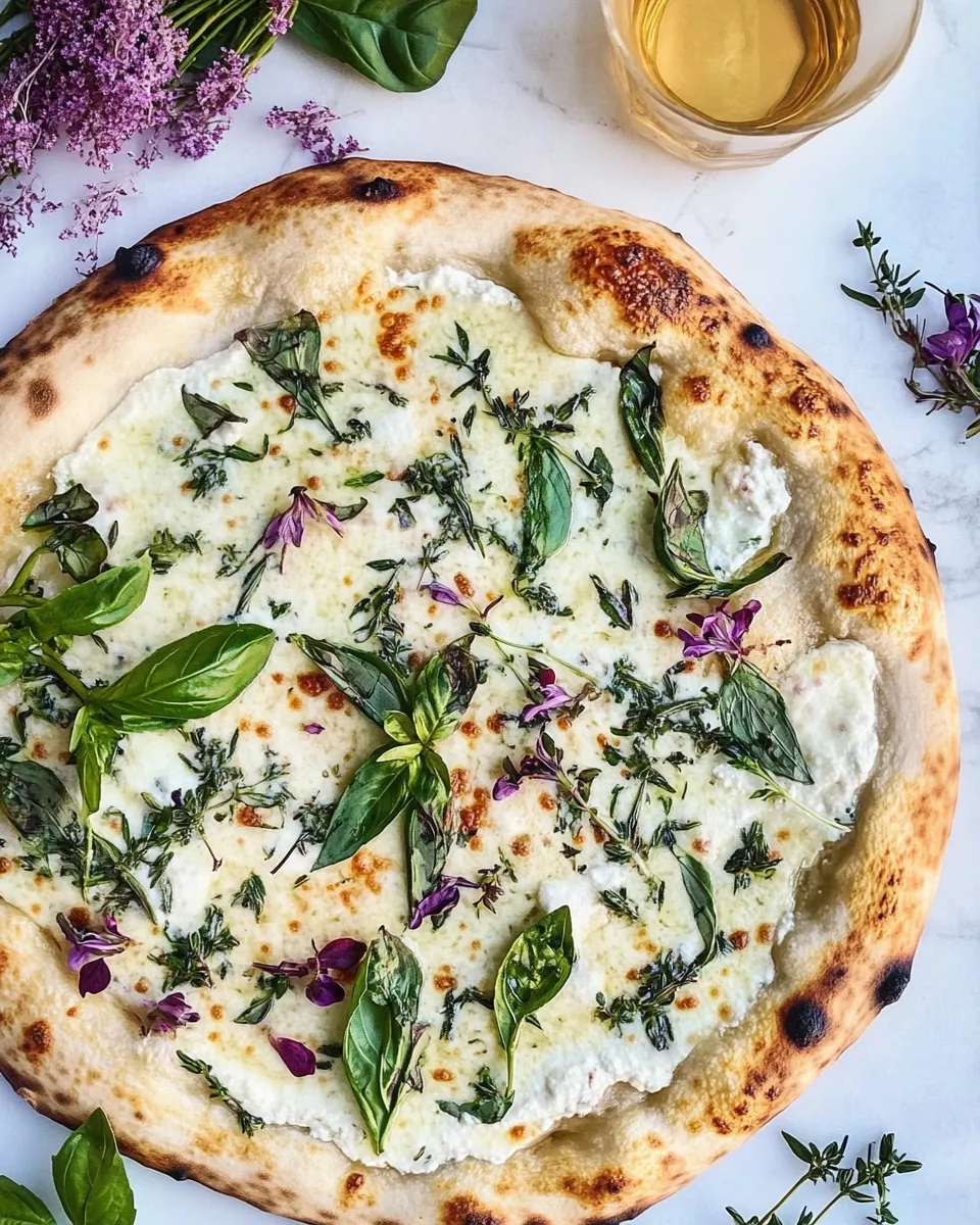 Quick White Pizza with Garlic Sauce and Garden Herbs. shot
