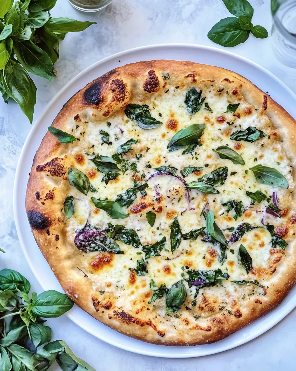 Tasty White Pizza with Garlic Sauce and Garden Herbs. dish image