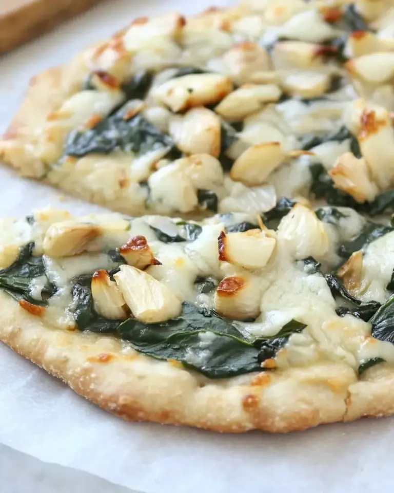 Homemade White Pizza with Spinach & Roasted Garlic photo