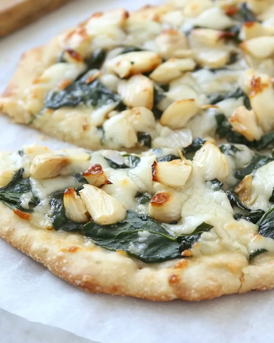 Homemade White Pizza with Spinach & Roasted Garlic photo